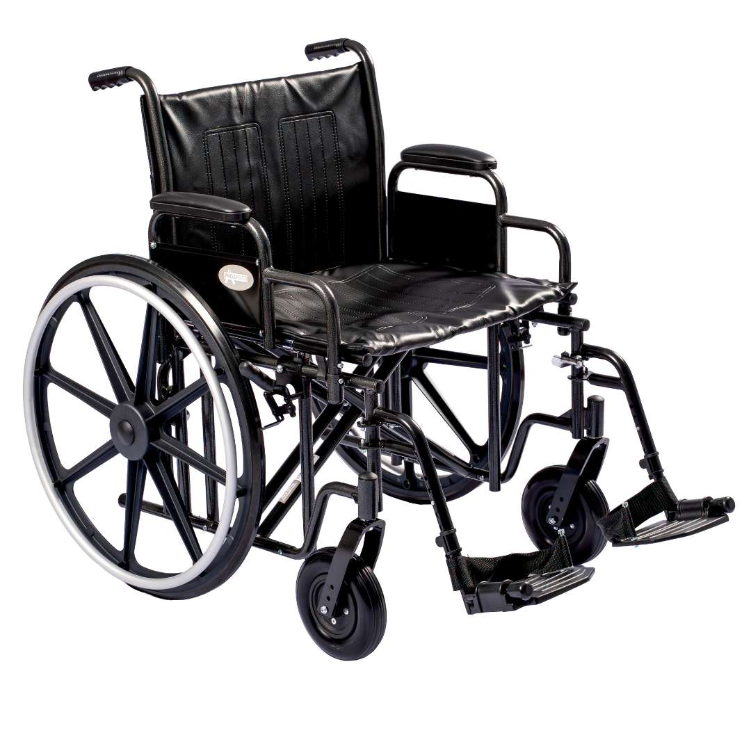 The ProBasics K7 Heavy Duty Bariatric Wheelchair features a black frame, wide seat for comfort, large rear wheels, smaller front wheels, footrests, and armrests—designed for reliable mobility assistance.
